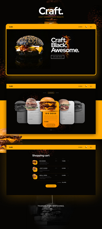 Burger Cafe Website Design burger cafe craft dark theme design figma figmadesign food food app interface landing modern shopping cart ux ux ui uxui web webdesign website yellow