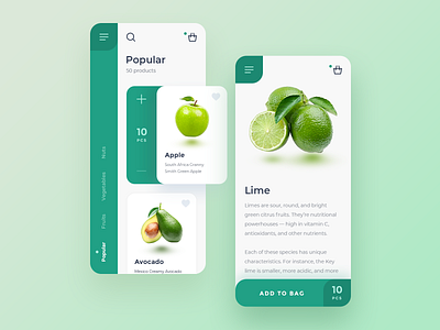 Fruits Shop App android app apple bag cart green ios lime mobile shadow shop ui uiux