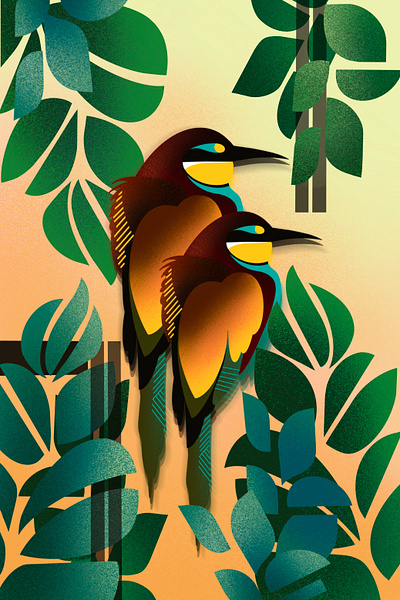 Bee-eaters bee eater bird digital art geometric illustration nature poster design warm colors