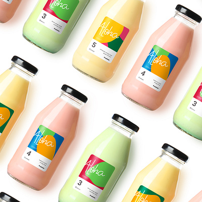 Aloha bottle label design ali zamani branding corporate identity design illustration juice bar logo minimal packaging typography vector