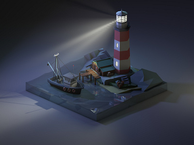 Lighthouse at night 3d 3dillustration 3dmodeling cinema4d diorama illustration isometric lighthouse low poly lowpoly lowpolyart night renders rocks sea ship