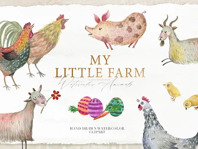 Little Farm Watercolor Clipart bunny colorful cute animals decorative easter easter egg farm animals farming funny character hand draw art illustration invitation set kids illustration scrapbook scrapbooking watercolor animals watercolor clipart watercolor painting