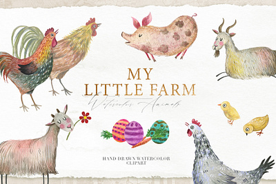 Little Farm Watercolor Clipart bunny colorful cute animals decorative easter easter egg farm animals farming funny character hand draw art illustration invitation set kids illustration scrapbook scrapbooking watercolor animals watercolor clipart watercolor painting