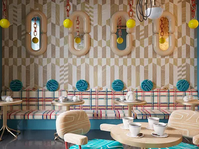 Foggy isalnd interior 3d animal cafe decor design illustraion interior lamp marquetry wood