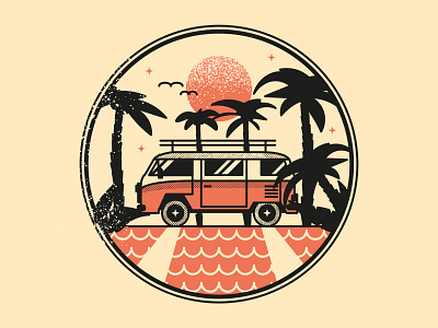 Van beach car clean czech design flat illustration illustrator minimal nature nature illustration palm palms sea sunset ui van vanlife vector web