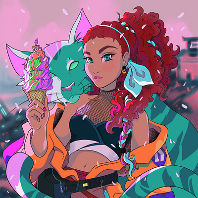 Future Life cat digital color digitalart drawing dtiys fantasy icecream illustration procreate scifi woman
