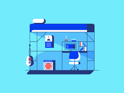 Workspace abstract amp bed bedroom blue books bunk calendar carpet chair computer desk diffuser guitar monitor office orange pillow speaker vector