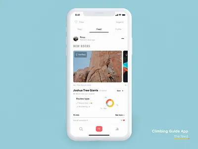 Climbing Guide app, the feed bouldering chart climbing donut chart feed guide ios mobile mockup mountains social app sport ui uiux ux