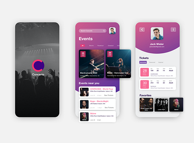 Concerto - Concert Events and Booking app app appdesign behance booking concert design dribbble gradient interface interfacedesign mobile mobileappdesign mobileui pink purple ui uidesign uiux userinterface userinterfacedesign