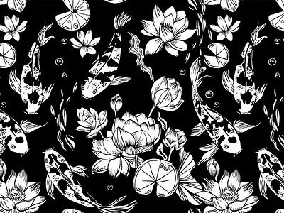 koi carps and lotus seamless pattern artwork asian black and white fabric pattern fish graphic illustration ink koi carp lines linework monochrome ornament outline pattern print design seamless pattern vector