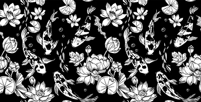 koi carps and lotus seamless pattern artwork asian black and white fabric pattern fish graphic illustration ink koi carp lines linework monochrome ornament outline pattern print design seamless pattern vector
