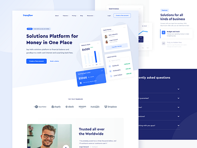 Transflow - Landing Page app bank blue budget chart clean design designer finance fintech money stats ui uidesign uikit ux uxdesign wallet web website