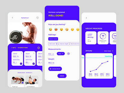 Gym Coach App - 2nd version 2/2 app design blue cards ui charts collectui daily ui emoji fitness fitness app gym journal mobile ui progress sports design tracker workout app workout tracker