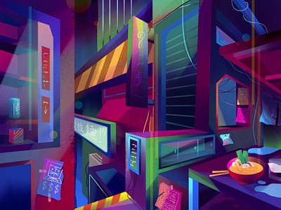 Neon City buildings city digital folioart food geometric gradient illustration jia yi liu neon ramen texture urban