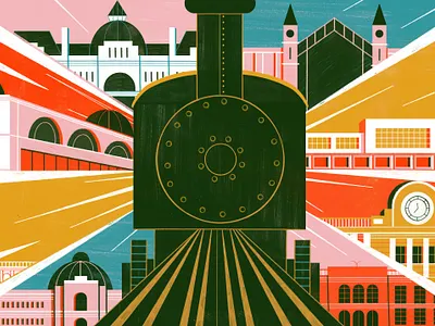 Train Stations architecture buildings cityscape digital editorial folioart illustration michael driver texture train travel