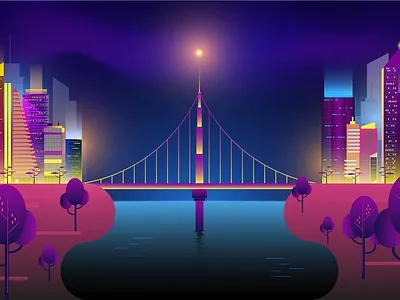 Modern city night landscape neon color cartoon vector architecture background banner city concept design flat graphic illustration