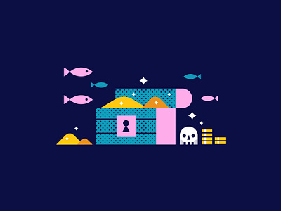 Treasure Chest Illustration blue coin coins fish flat design flat illustration freelance freelancer geometric gold halftone icon illustration illustrator pink sea skull star treasure vector