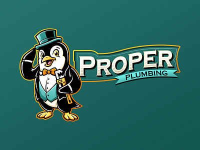 Proper Plumbing brand heating home service home service brand hvac illustration logo mascot penguin plumbing proper smoking suit top hat vector vector art ventilation wrench