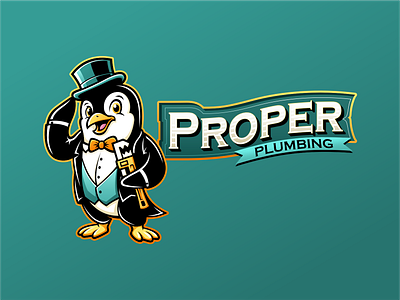 Proper Plumbing brand home service illustration logo mascot penguin plumbing proper smoking suit top hat vector vector art wrench