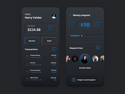 Money page Neomorphism black app app concept app design black blue dark theme interface interface design ios iphone mobile money neomorphism neumorphism pro smart smart app trendy ui wallet