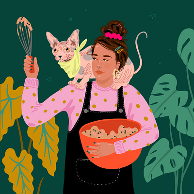 Quarantine Kitchen bake baker baking bread cat cookie dough cookies dough figure hairless cat illustration monstera portrait procreate