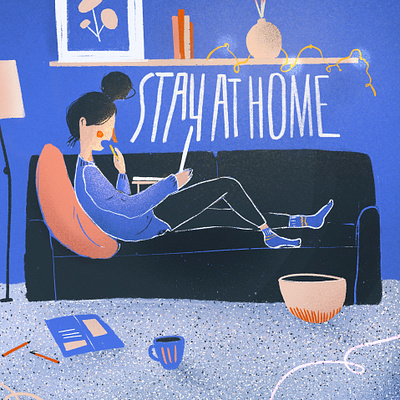 Stay at home! blue carpet couch design drawing girl home illustration laptop lazy pink portrait procreate stay at home stay safe texture