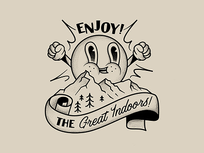 Enjoy the Great Indoors! banner classic corona coronavirus covid19 cute design funny funny character gloves illustration illustrator mountains old cartoon procreate quarantine sun tshirt typography vector