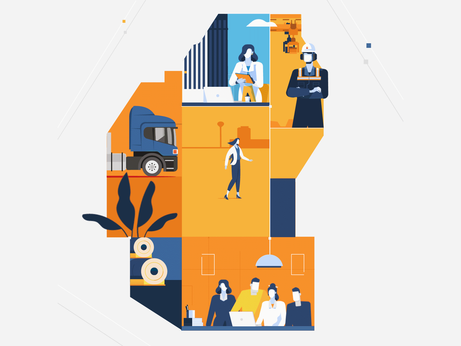 Governance animation branding construction design efficiency flat illustration industry logo motion office operator plant steel steel city ternium truck woman
