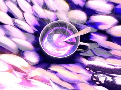 Staying at home series | 008 blankets cat cat paws catnaps coffee coffee cup cosy daylight highlights home illustration knit knots nap pink purple shadows steam sunlight