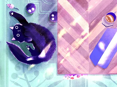 Staying at home series | 007 cat cat toys coffee coffee cup daylight fish green hightlights home illustration laptop mouse procreate rug shadows soot sunbeams sunlight tea wood