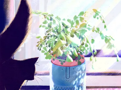 Staying at Home series | 009 cat contrast face highlights house plant illustration plant plant pot shadows silhouette sunlight tail window