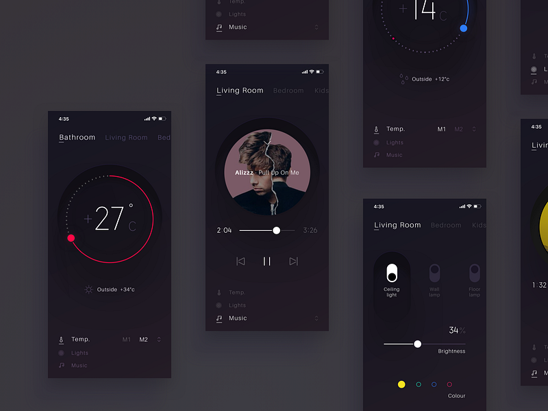 Home Smart iOS App ai android app application bathroom cold color ios ios app iphone lights mobile music outside room smart home sounds temperature ui warm