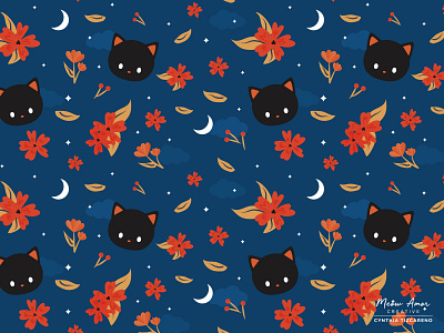 Midnight Cat Pattern art artwork autumn best vector black cat cat design fall floral floral patterns midnight moon night time pattern design surface pattern vector vector illustration