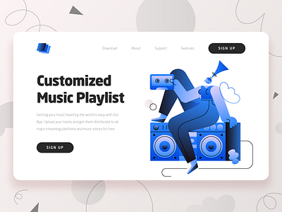 Music Streaming Startup Landing Page 2 2d 2d character blue boom box character finance fintech flat girl illlustration landing page modern music music app startup streaming streaming app ui ux web design