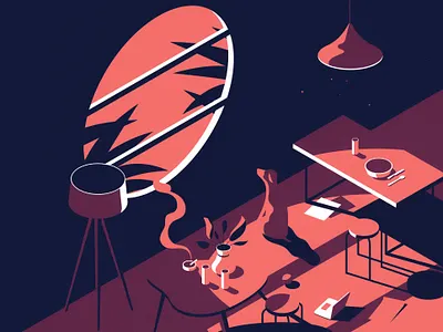 "Waiting for Better Times" design dog illustration illustrator interior modern room sunset vector