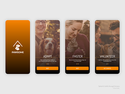 PAWsome - On-boarding screens adopt animals app cats design dogs dribbble flat foster minimal onboarding screens orange paws pets shelter uidesign volunteer walkthrough