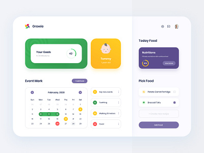 Growie - Parent Assistant #Exploration assistant baby calendar chart clean dashboard food illustration nutrition parent parenting recipe ui ux web website