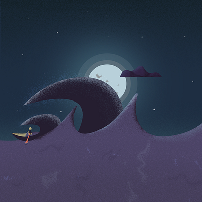 Stormy Night art boat cloud fisherman illustration might moon nature sail sea storm time wave weather