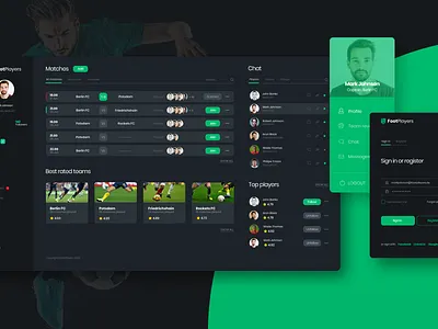 Foot Players app dark mode dashboard design football football app green social sport ui ux webapp webdesign