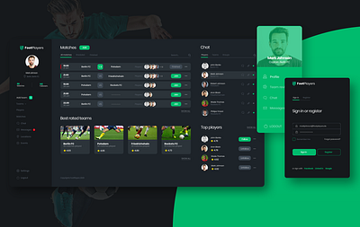 Foot Players app dark mode dashboard design football football app green social sport ui ux webapp webdesign