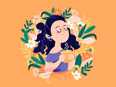 Quarantine mood character coffee coronavirus floral girl home spring vector vector illustration