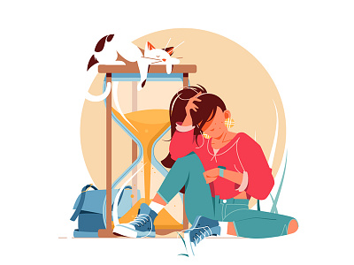 Girl waiting for something cat character flat hourglass illustration kit8 vector waiting woman