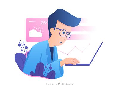 Work From Home | Using Laptop character computer design doctor glasses graphic illustration laptop modern monitor pc professor scientist ui ux vector weather web web design work from home