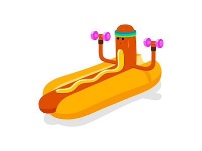 work it dawg cartoon character colour design diet dribbble fantasy fastfood fitness food food illustration health hotdog illustration mascot mustard sausage weights