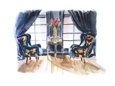 interior n4 architecture armchair curtain digital drawing drawing flower illustration furniture illustration interior interior design interior illustration light pattern rich sofa soft watercolour watercolour illustration window