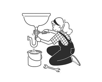 handyman bathroom black and white character character design comic fix girl handyman home illustration line minimal monochrome product design repair simple design tools ui ux web design