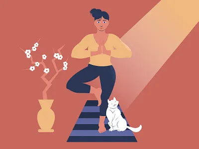 Yoga lady illustration calm cat character concept design excercise fitness girl happy hobby home illustration lady lifestyle morning relax stylized vector wellness yoga