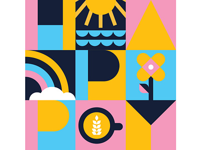 H A P P Y 3x3 coffee digital art flat illustration flower geometric art happy ocean rainbow sunshine