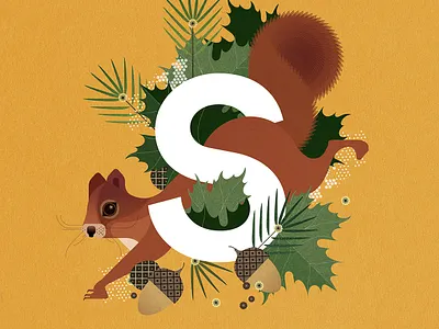 Squirrel alphabet animal digital folioart illustration nature plants sally caulwell texture vector wildlife