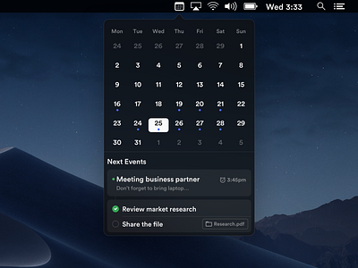 Calendar Concept Widget (macOS) app application behance calendar concept design event layout layouts mac next platform schedule sketch status statusbar task ui